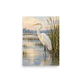 White Egret in the Quiet Marsh matte poster, 12 × 16 inches, showing a white egret among marsh reeds