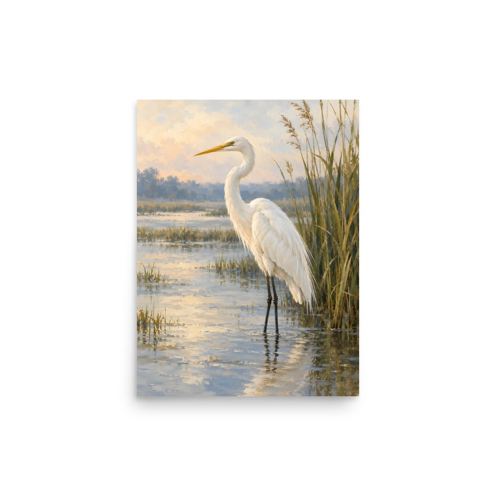 White Egret in the Quiet Marsh matte poster, 12 × 16 inches, showing a white egret among marsh reeds
