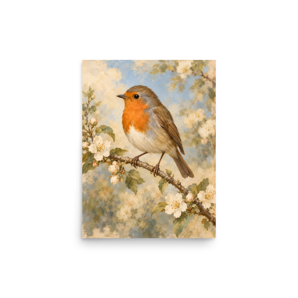 Robin Among Blossoms matte poster, 12 × 16 inches, showing a robin among spring blossoms
