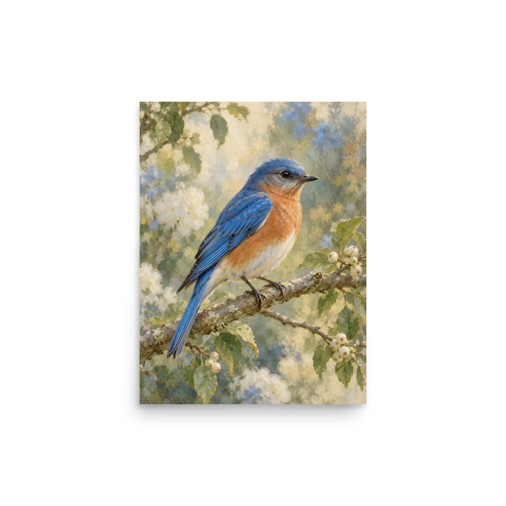 Bluebird on the Garden Branch matte poster, 12 × 16 inches, showing a bluebird perched on a garden branch
