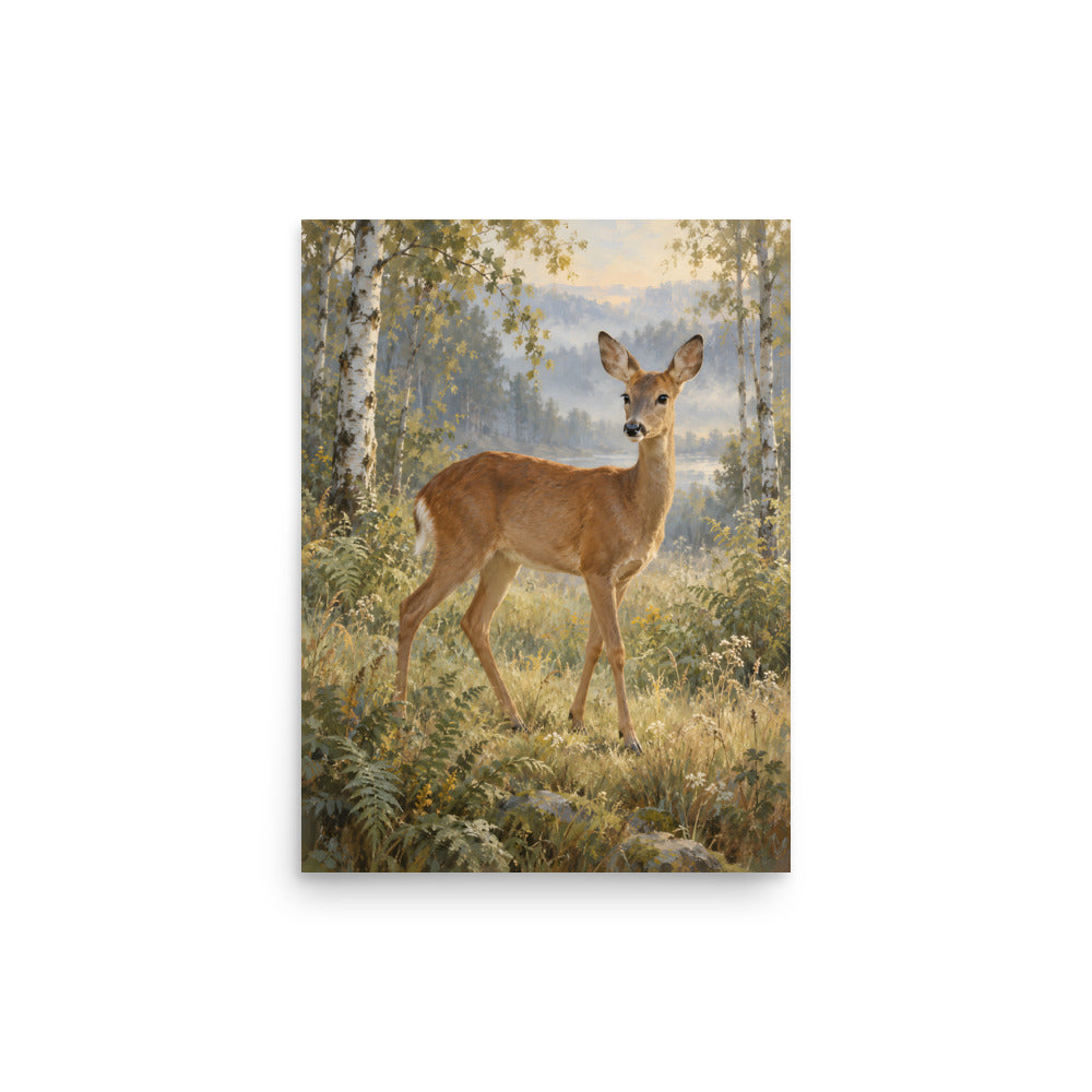 Doe in the Birchwood matte poster, 12 × 16 inches, showing a gentle doe among birch trees