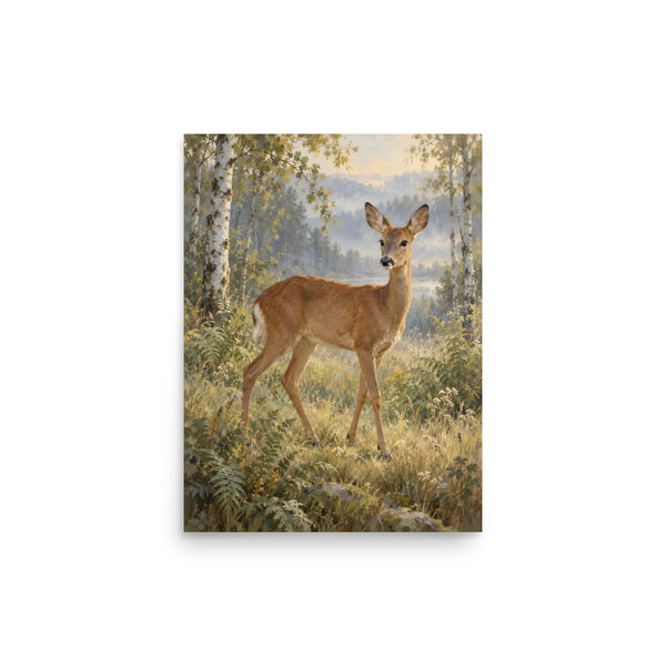 Doe in the Birchwood matte poster, 12 × 16 inches, showing a gentle doe among birch trees