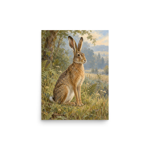 Hare at the Woodland Edge matte poster, 12 × 16 inches, showing a woodland hare among soft grasses