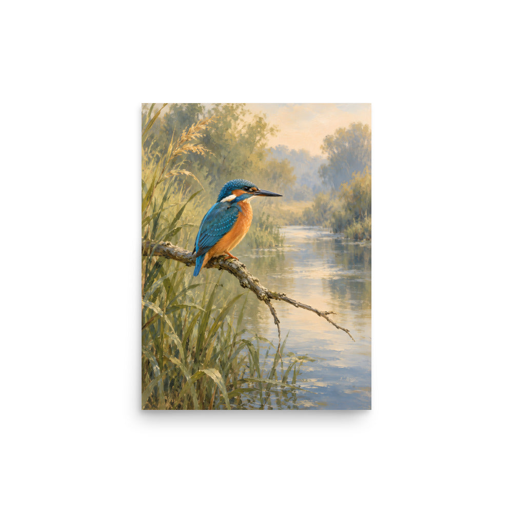 Kingfisher Above Still Water matte poster, 12 × 16 inches, showing a kingfisher perched above a quiet stream
