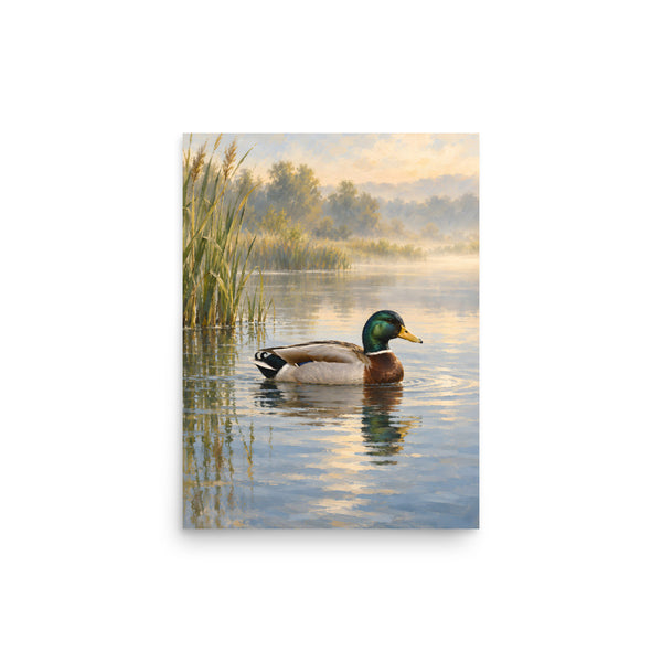 Mallard on Still Morning Water matte poster, 12 × 16 inches, showing a mallard on soft morning water