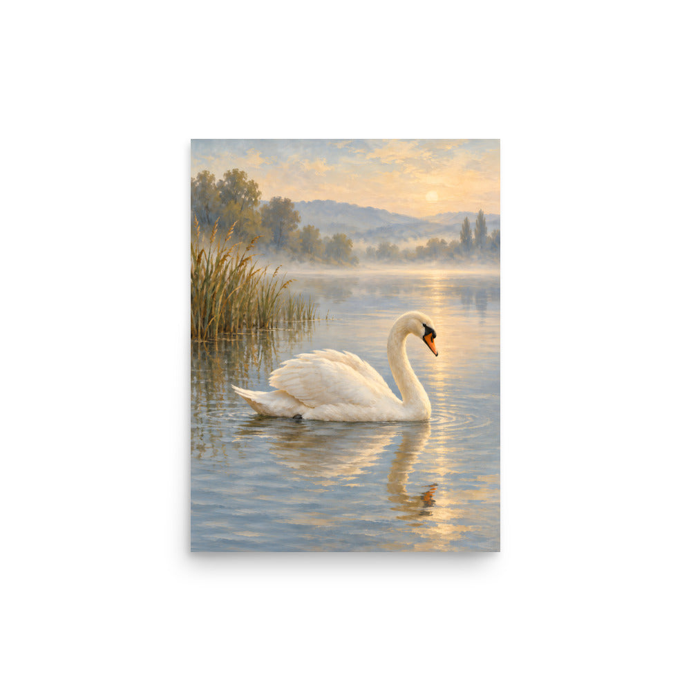 Swan on Quiet Water matte poster, 12 × 16 inches, showing a white swan on tranquil water