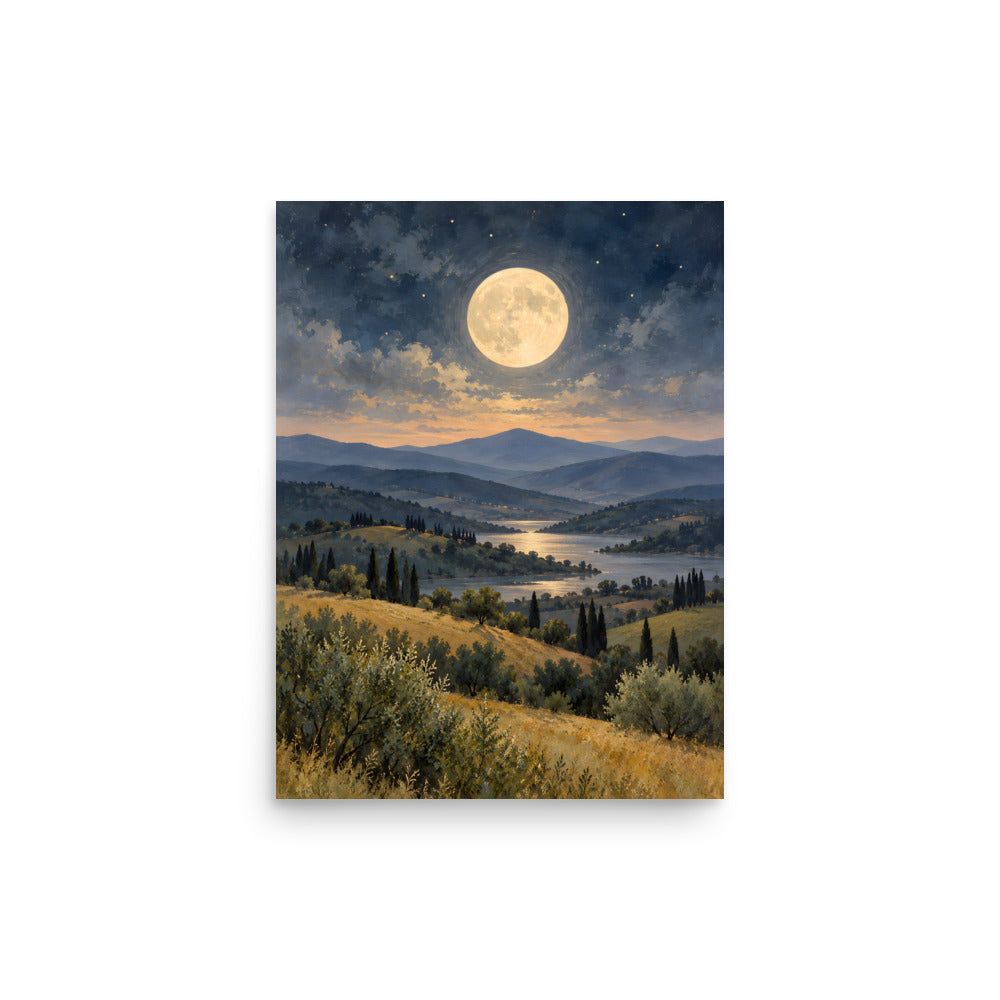 Ivory Moon Over Quiet Hills matte poster, 12 × 16 inches, featuring a full moon above quiet hills