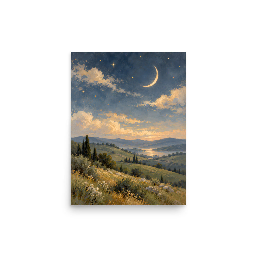 Ivory Crescent Over Sage Hills matte poster, 12 × 16 inches, featuring an ivory crescent above sage hills