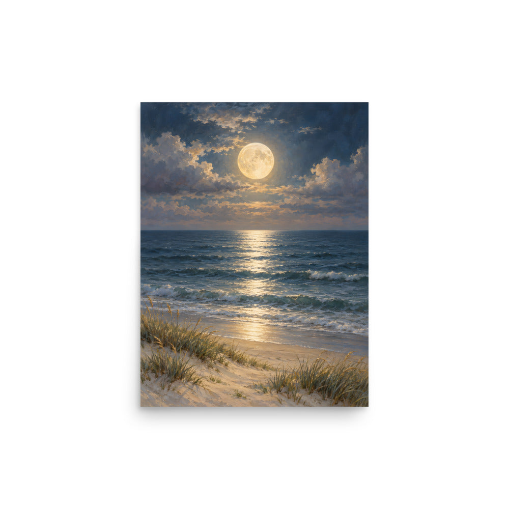 Moonlight Over the Quiet Sea matte poster, 12 × 16 inches, featuring moonlight over a peaceful sea