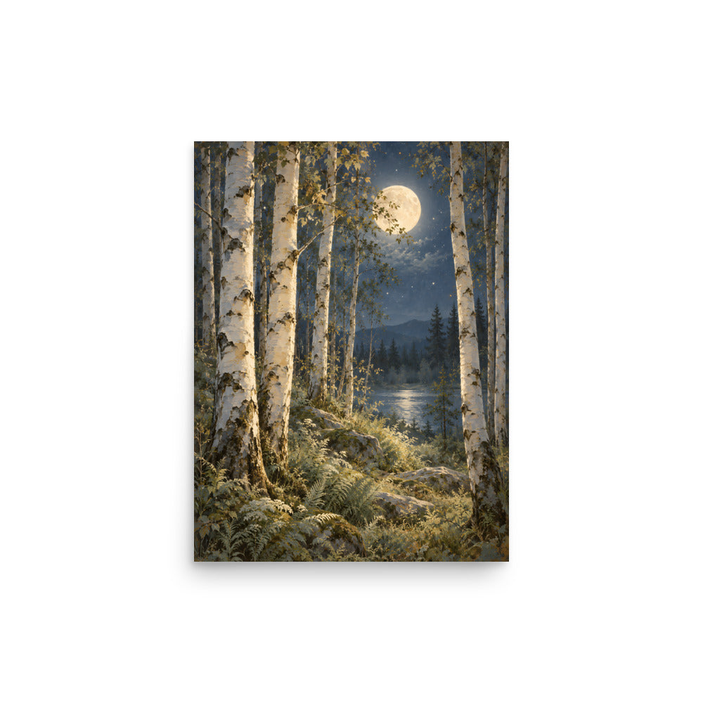 Ivory Moon Among the Birches matte poster, 12 × 16 inches, featuring an ivory moon among pale birches