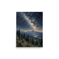 Starlight Over the Pine Valley matte poster, 12 × 16 inches, featuring a star-filled sky over pine forests