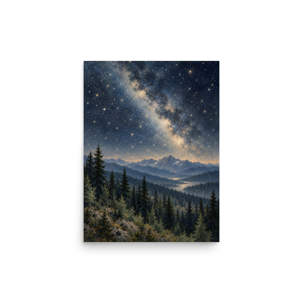 Starlight Over the Pine Valley matte poster, 12 × 16 inches, featuring a star-filled sky over pine forests