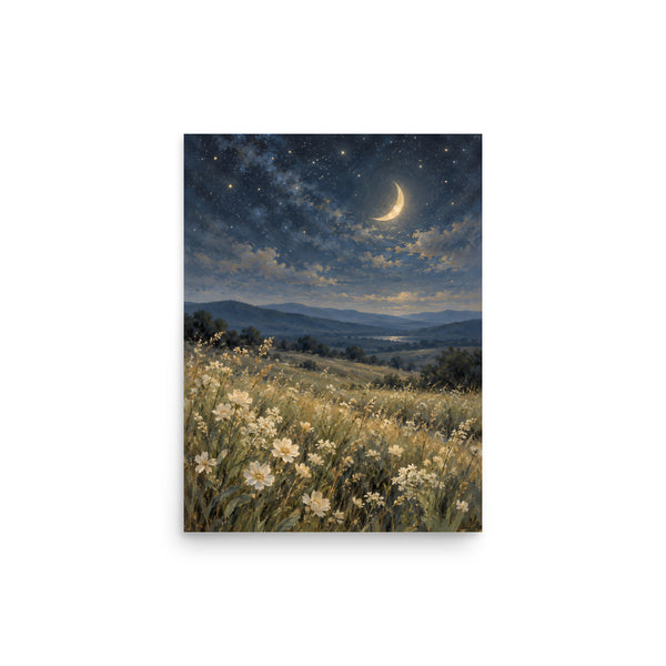 Starry Meadow Beneath a Golden Crescent matte poster, 12 × 16 inches, featuring a crescent above a wildflower meadow