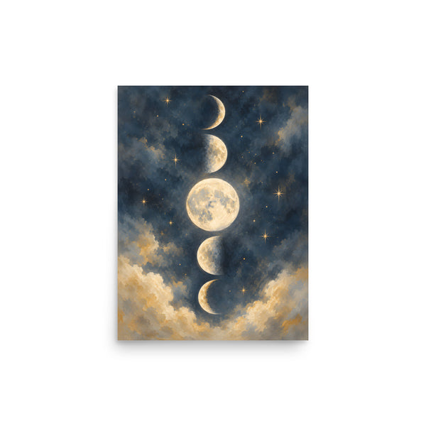 Moon Phases in Quiet Twilight matte poster, 12 × 16 inches, featuring decorative moon phases in twilight