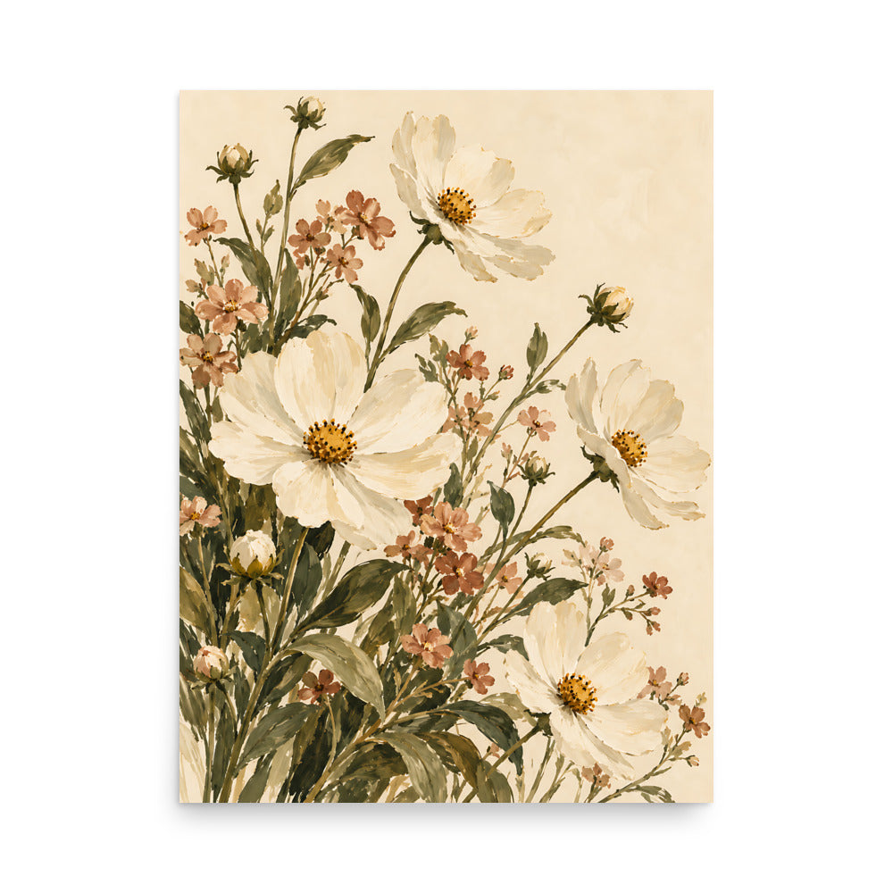 Meadow Reverie matte poster, 18 × 24 inches, showing ivory flowers, clay accents and olive foliage