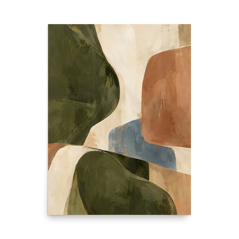 Olive & Earth matte poster, 18 × 24 inches, showing organic shapes in olive, ivory, clay and dusty blue