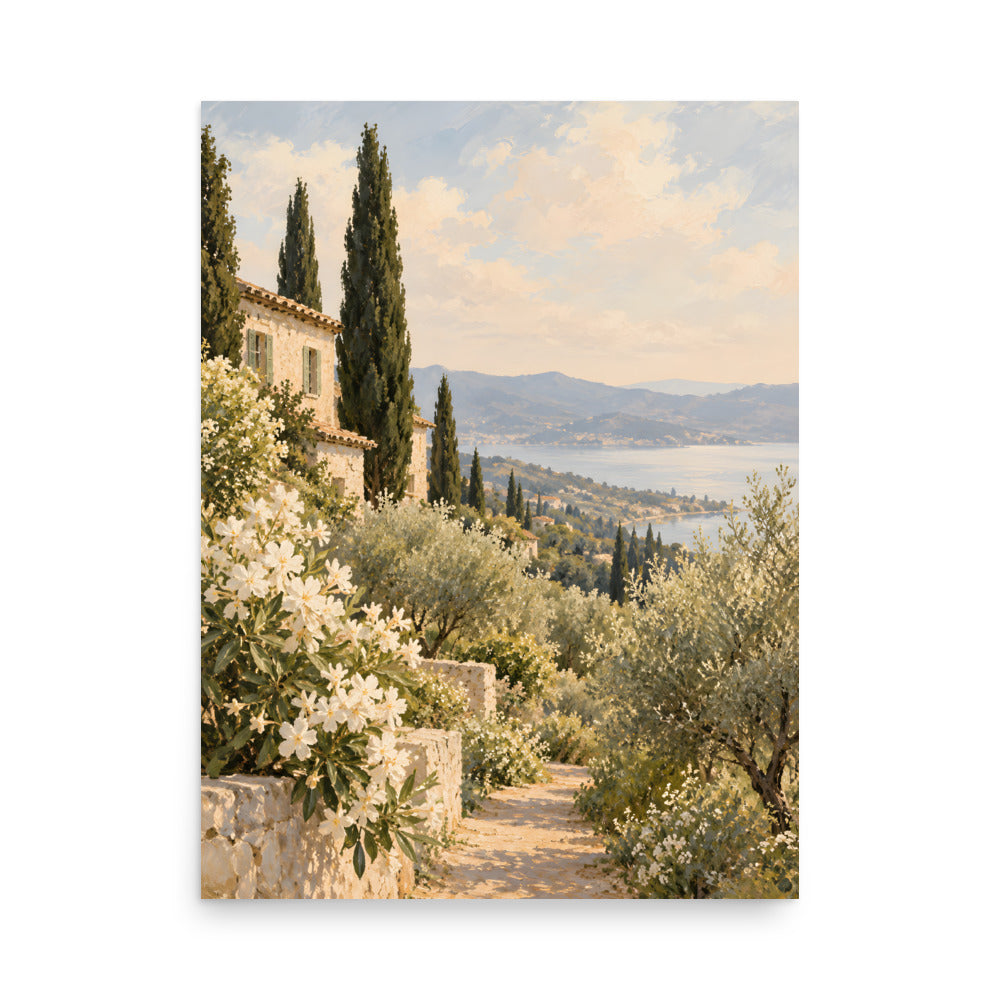 Golden Stillness matte poster, 18 × 24 inches, showing a Mediterranean villa, cypress trees and blue water