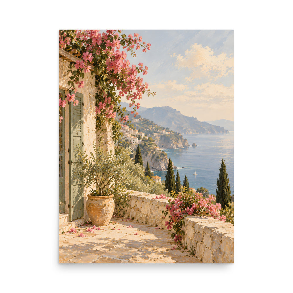 Amalfi Bloom matte poster, 18 × 24 inches, showing a sunny terrace, bougainvillea and blue sea