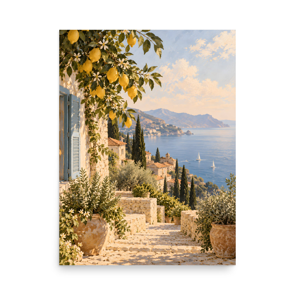 Lemon Coast matte poster, 18 × 24 inches, showing lemon branches, white walls and a calm blue sea
