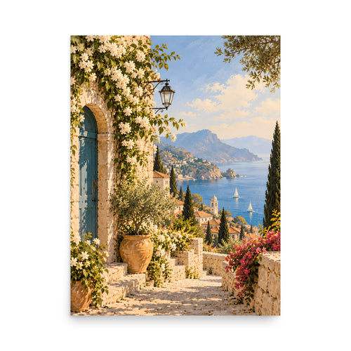 Azure Passage matte poster, 18 × 24 inches, showing a stone walkway, flowering vines and a blue-green door