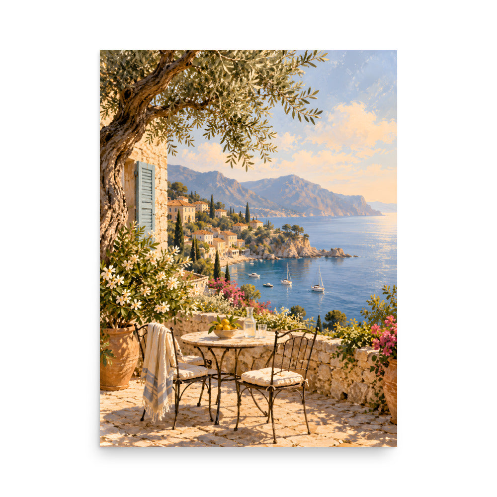 Olive Bay matte poster, 18 × 24 inches, showing an olive tree and stone terrace overlooking a blue bay