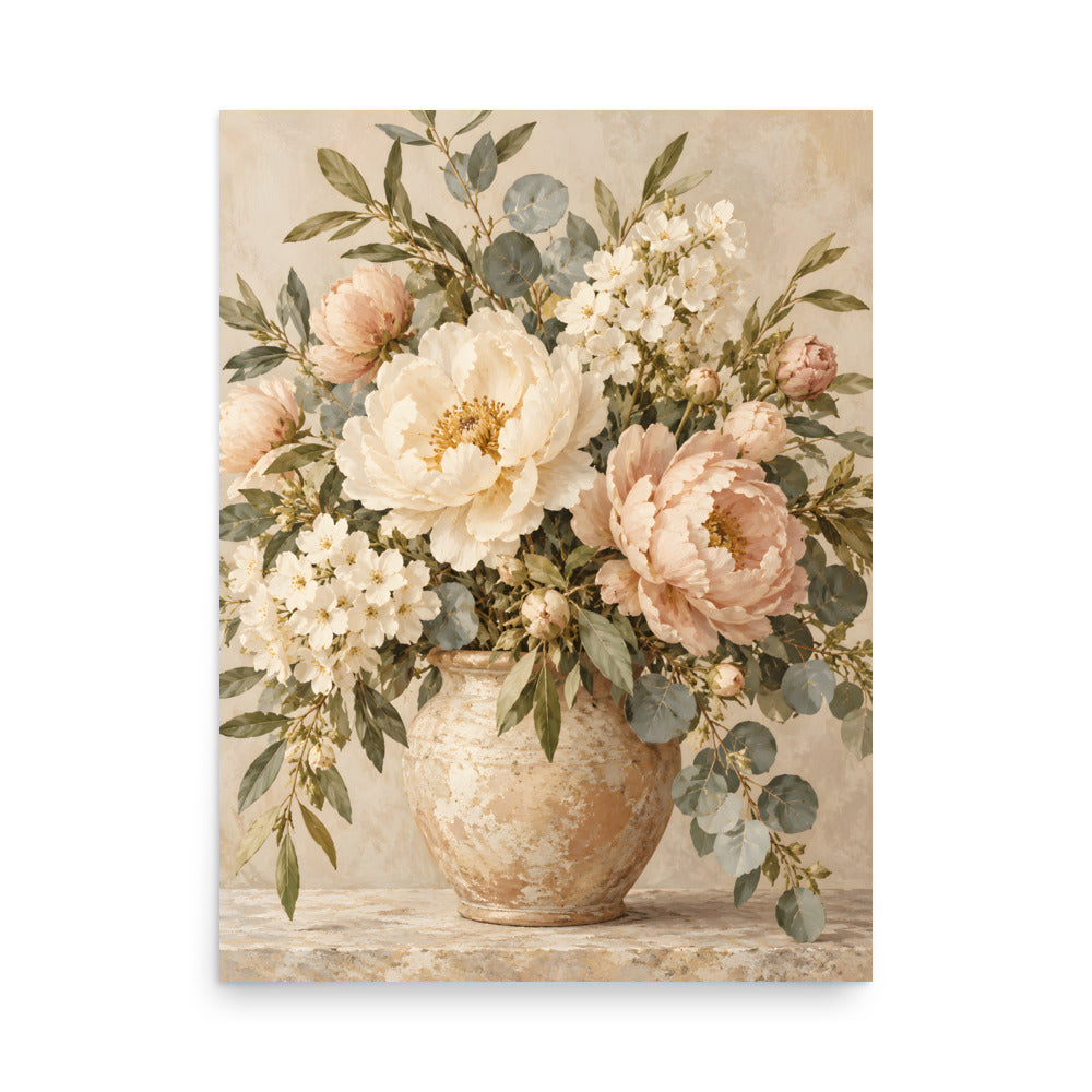 Ivory Garden matte poster, 18 × 24 inches, showing ivory and blush flowers in a ceramic vase