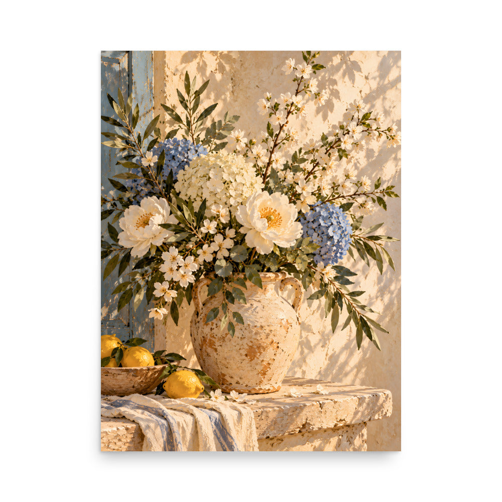 Blue Blossom matte poster, 18 × 24 inches, showing ivory blooms and muted blue hydrangeas