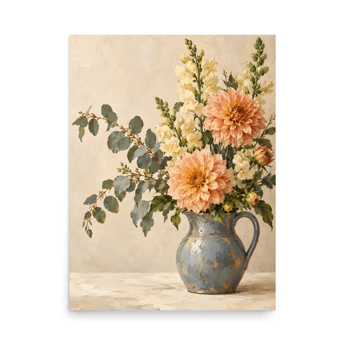 Apricot Reverie matte poster, 18 × 24 inches, showing apricot dahlias and ivory flowers in a blue pitcher