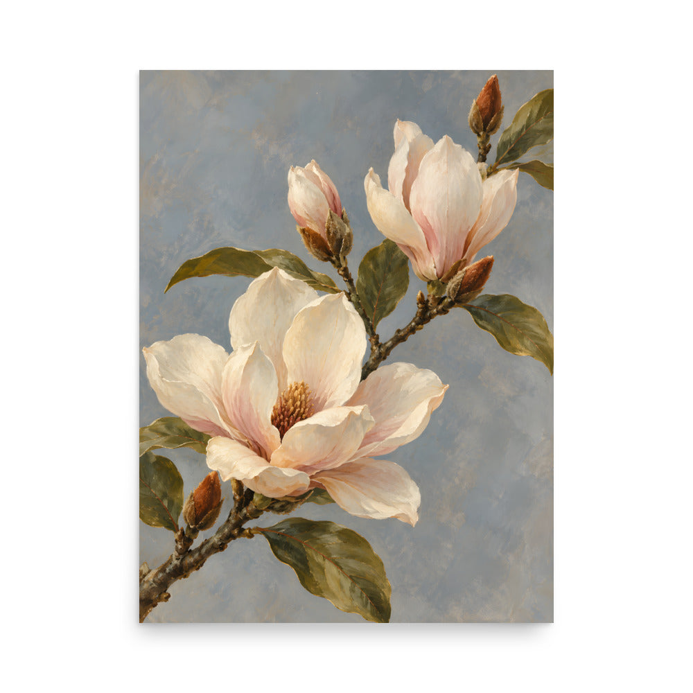 Magnolia Drift matte poster, 18 × 24 inches, showing ivory magnolia blossoms against dusty blue