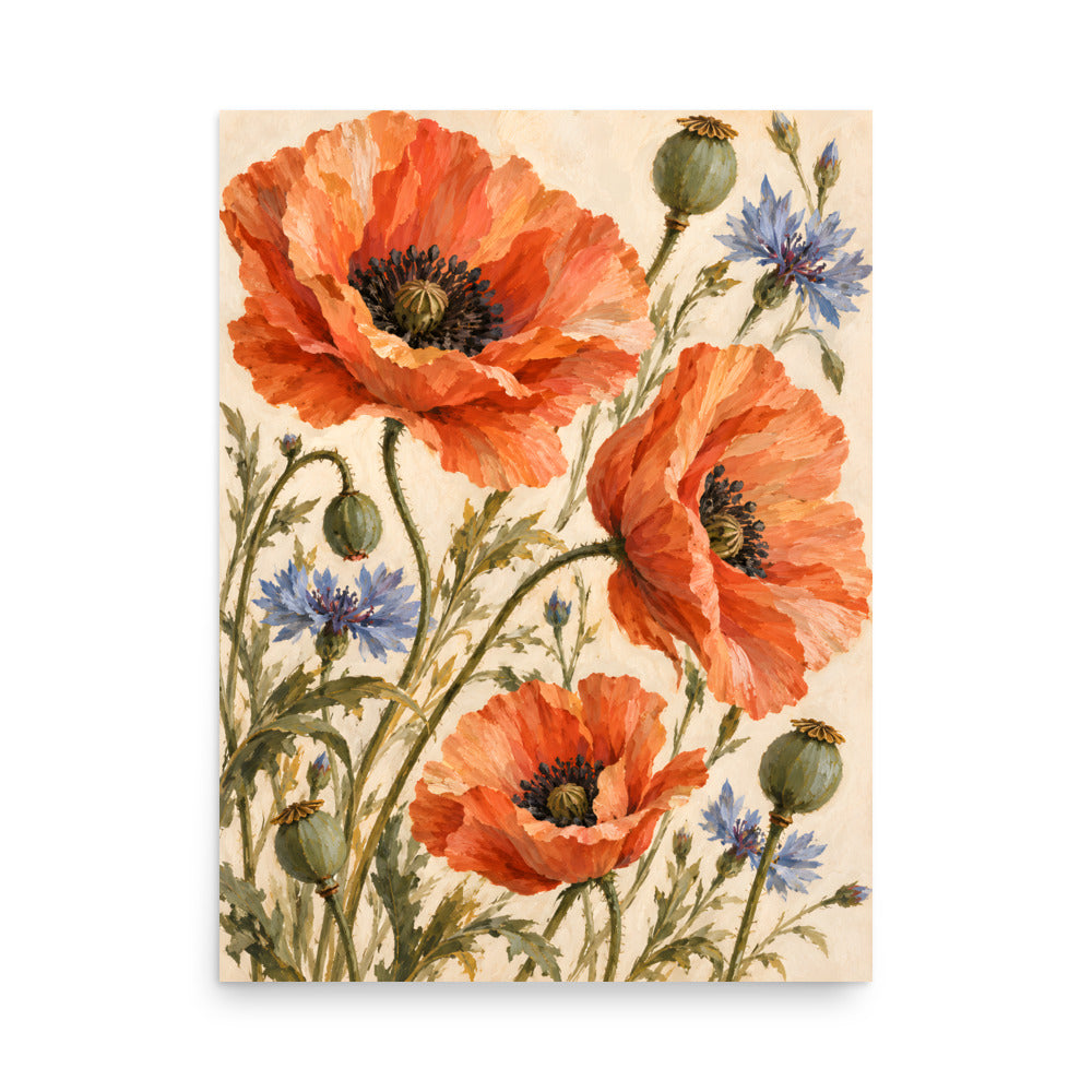 Terracotta Meadow matte poster, 18 × 24 inches, showing terracotta poppies and delicate blue cornflowers
