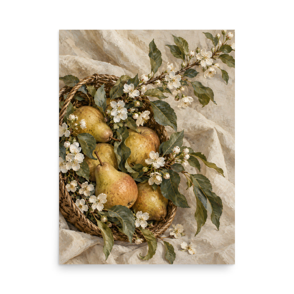 Golden Orchard matte poster, 18 × 24 inches, showing golden pears and white blossoms in a woven basket