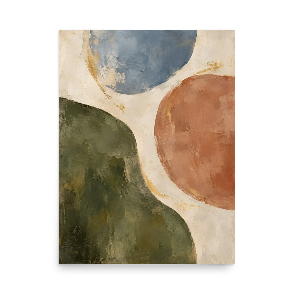 Earthen Balance matte poster, 18 × 24 inches, showing organic forms in olive, clay, blue and cream