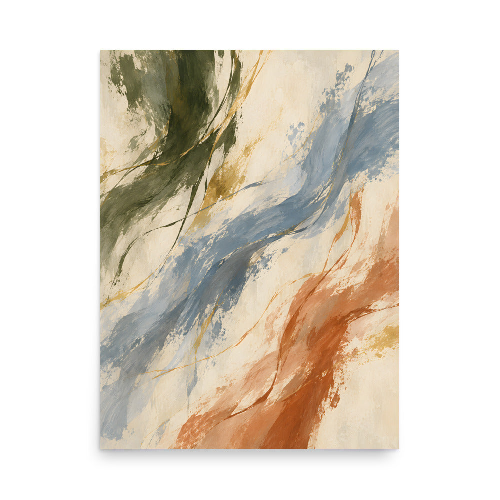 Quiet Current matte poster, 18 × 24 inches, showing flowing strokes in blue, olive, clay and ivory