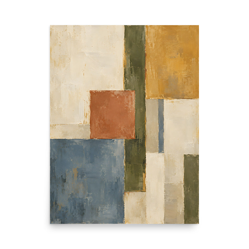 Structured Earth matte poster, 18 × 24 inches, showing geometric blocks in ochre, terracotta, olive and blue