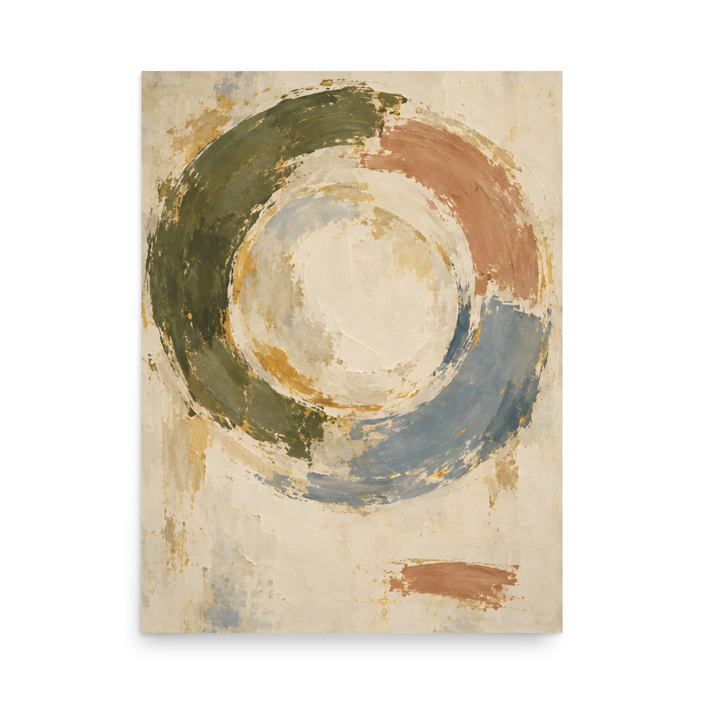 Quiet Orbit matte poster, 18 × 24 inches, showing layered circular forms in olive, blue, clay and ivory