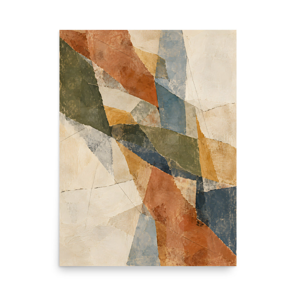 Fragmented Horizon matte poster, 18 × 24 inches, showing intersecting geometric forms in earthy muted colors