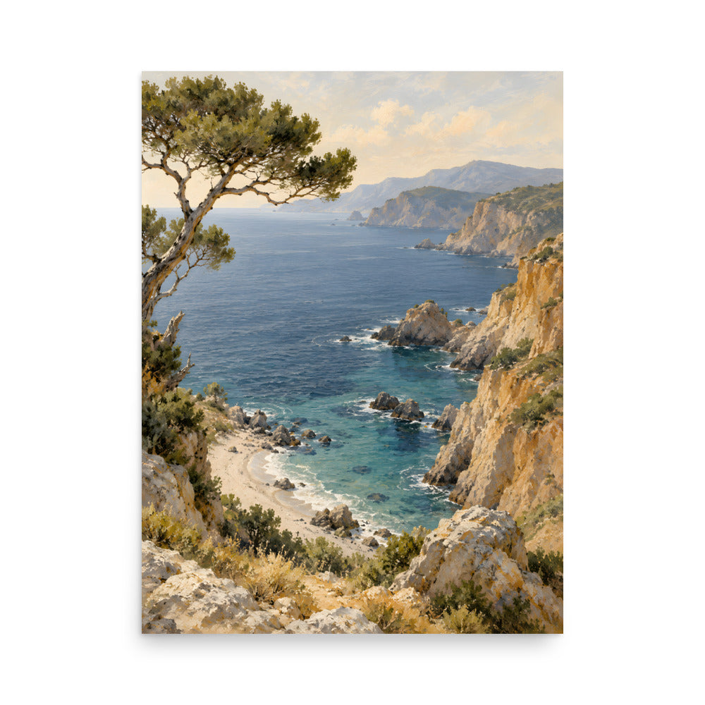 Cove of Pines matte poster, 18 × 24 inches, depicting a wind-bent pine above a turquoise Mediterranean cove.