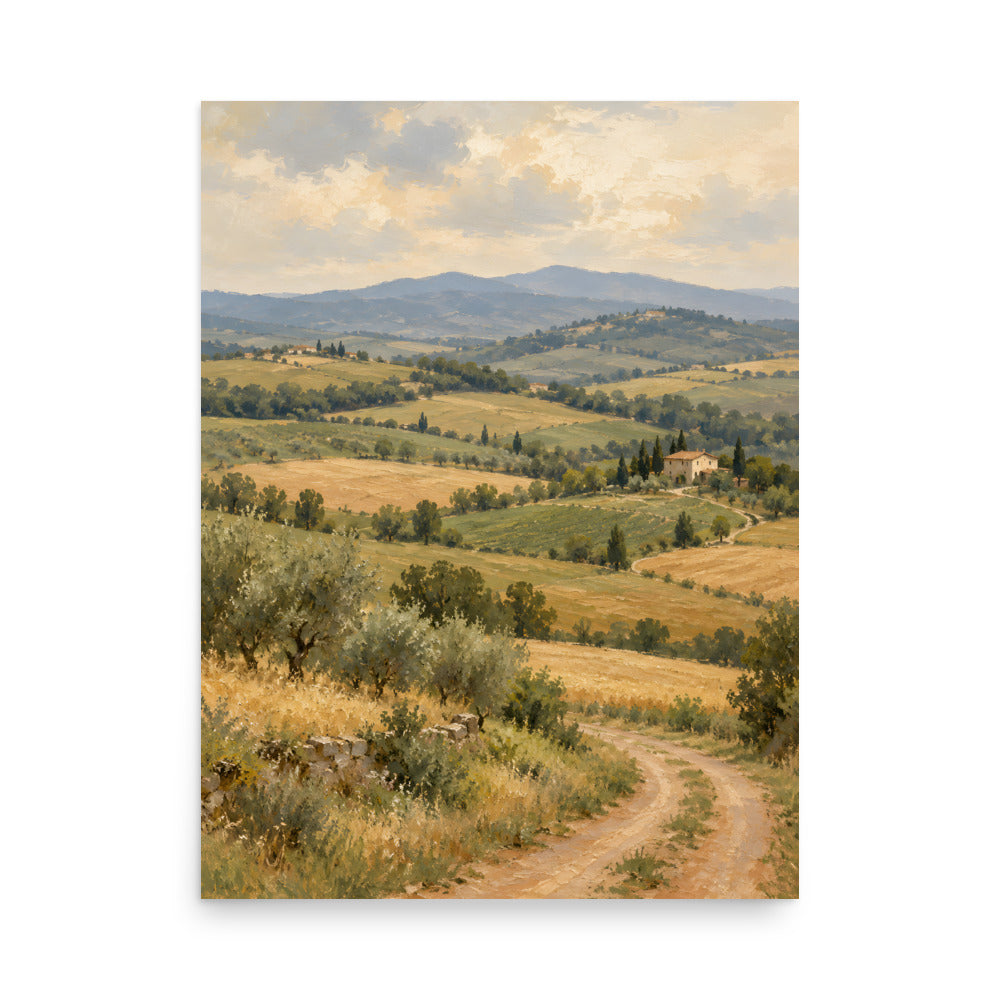Tuscan Quiet matte poster, 18 × 24 inches, depicting rolling Tuscan fields, cypress trees and a distant farmhouse.