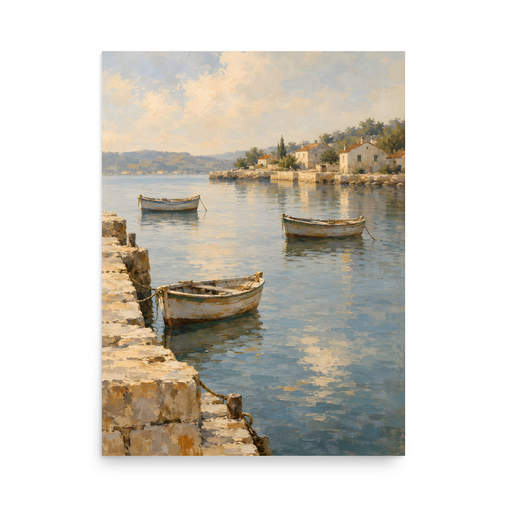 Harbor Stillness matte poster, 18 × 24 inches, depicting wooden boats on calm water beside a Mediterranean village.