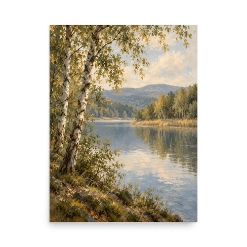 Birchwater Calm matte poster, 18 × 24 inches, depicting birch trees framing a quiet lake and golden foliage.