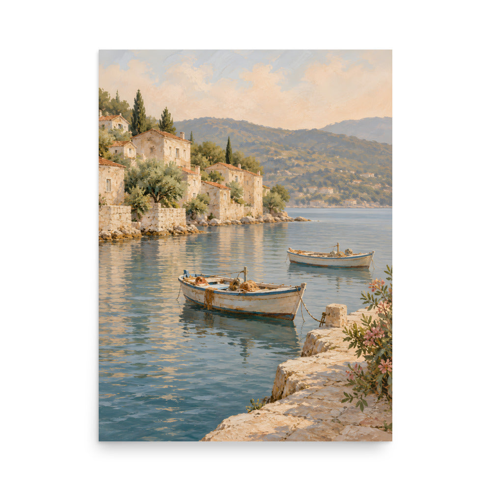 Harbor Hush matte poster, 18 × 24 inches, depicting fishing boats, blue water and sun-washed harbor houses.