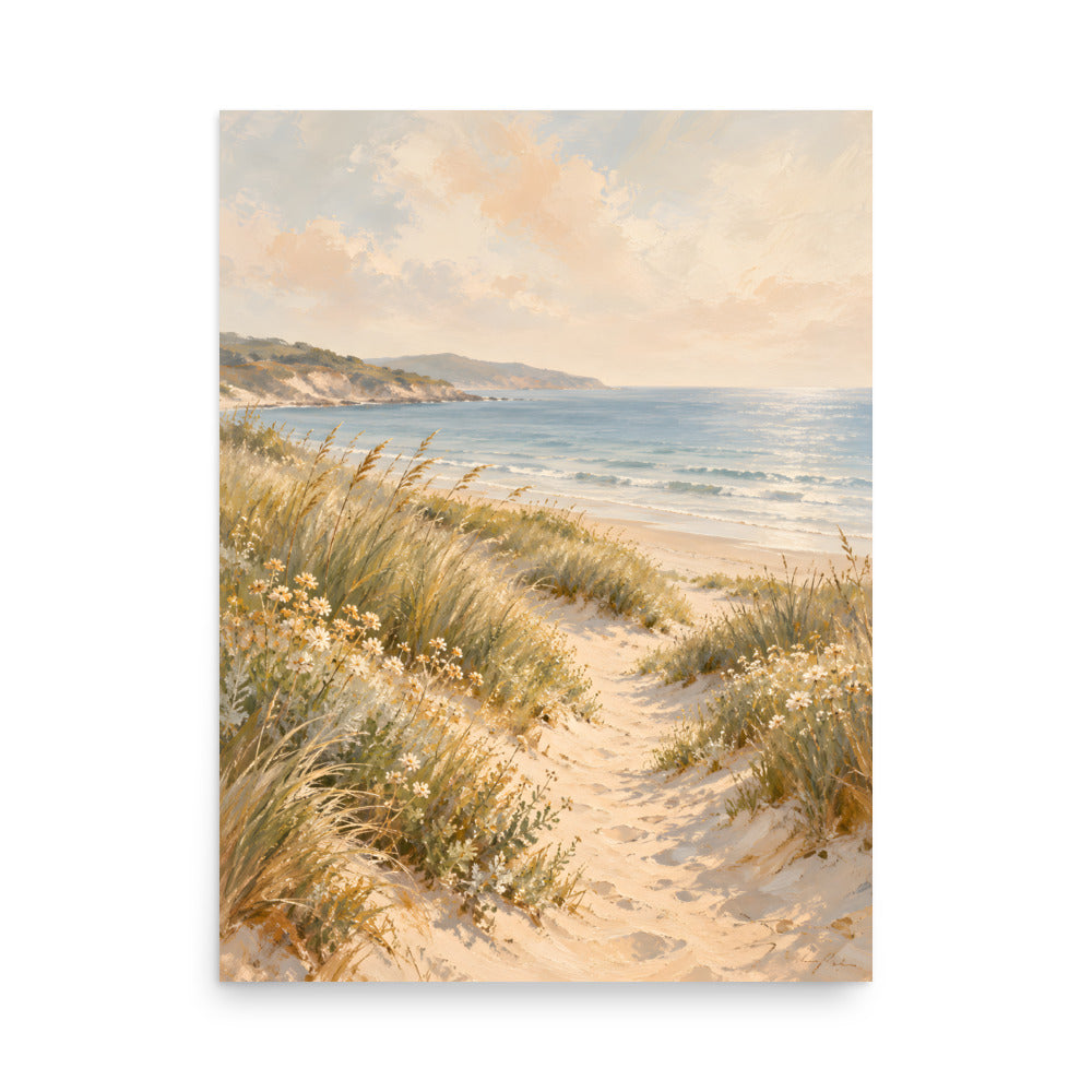 Dune Reverie matte poster, 18 × 24 inches, depicting a sandy path, dune grasses and a calm blue shoreline.