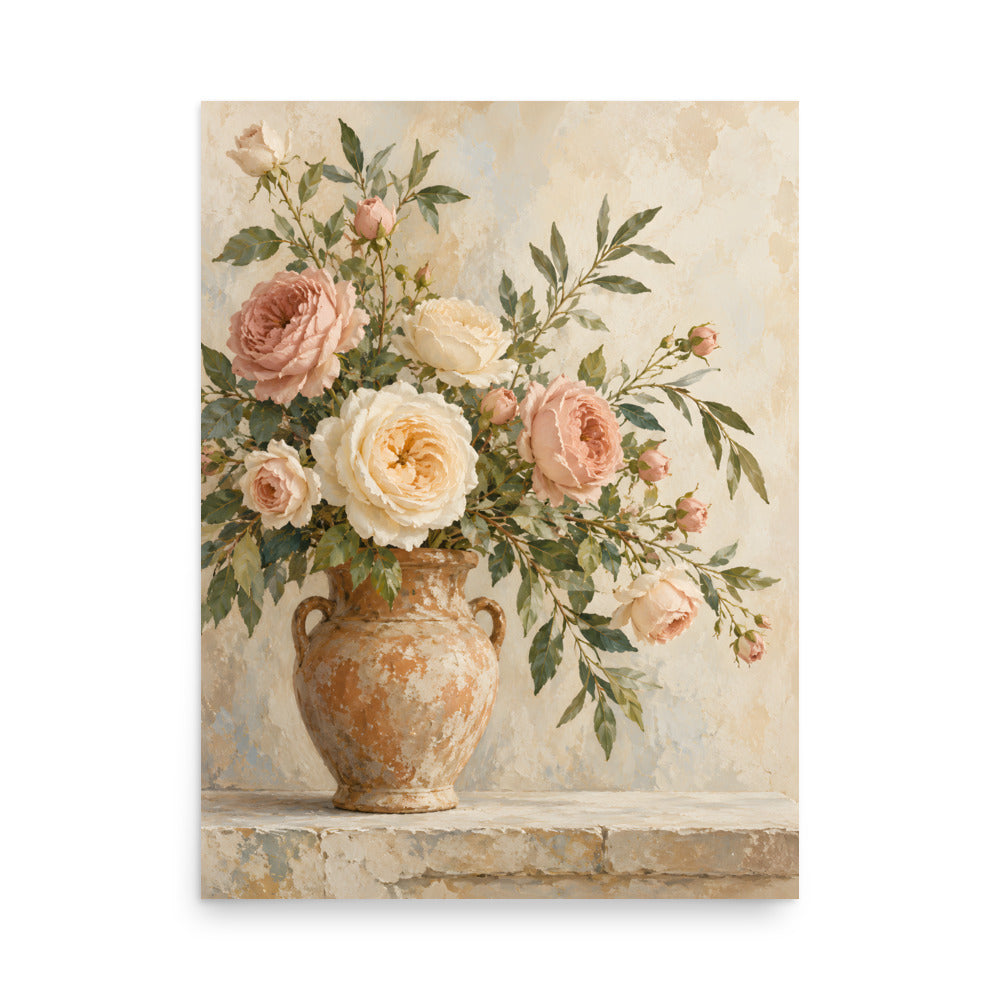 Rosewood Bloom matte poster, 18 × 24 inches, depicting blush and ivory roses in a rustic terracotta vessel.