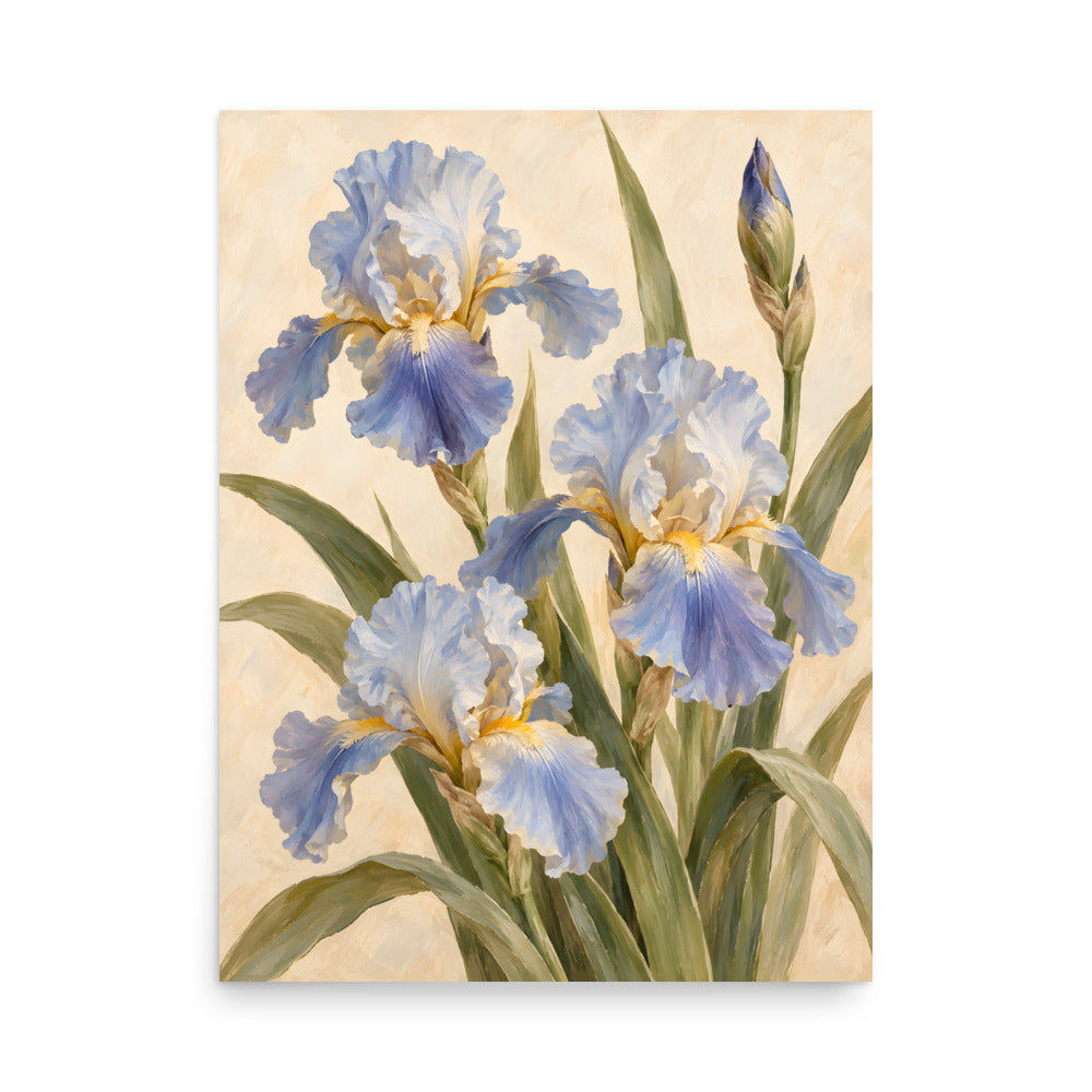 Iris at Dawn matte poster, 18 × 24 inches, depicting blue-violet irises, ivory petals and olive-toned leaves.