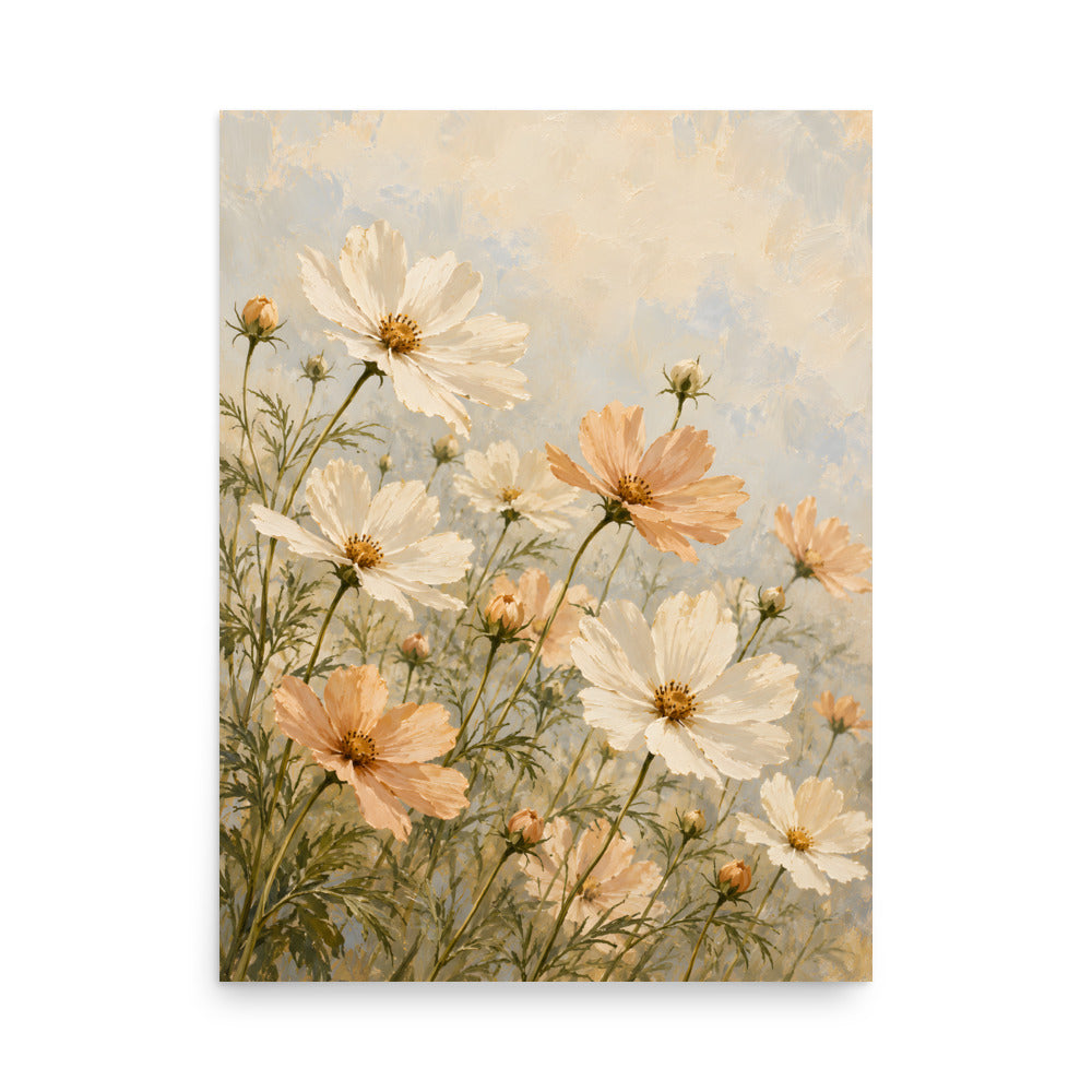 Cosmos Whisper matte poster, 18 × 24 inches, depicting ivory and apricot cosmos flowers against a soft cream background.