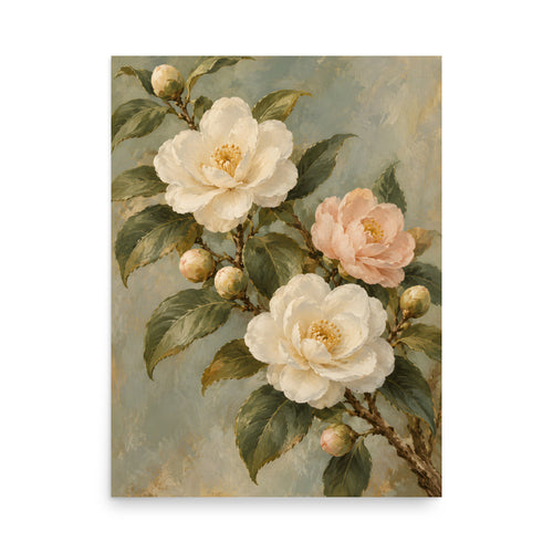 Camellia Light matte poster, 18 × 24 inches, depicting ivory and blush camellias with rich olive foliage.