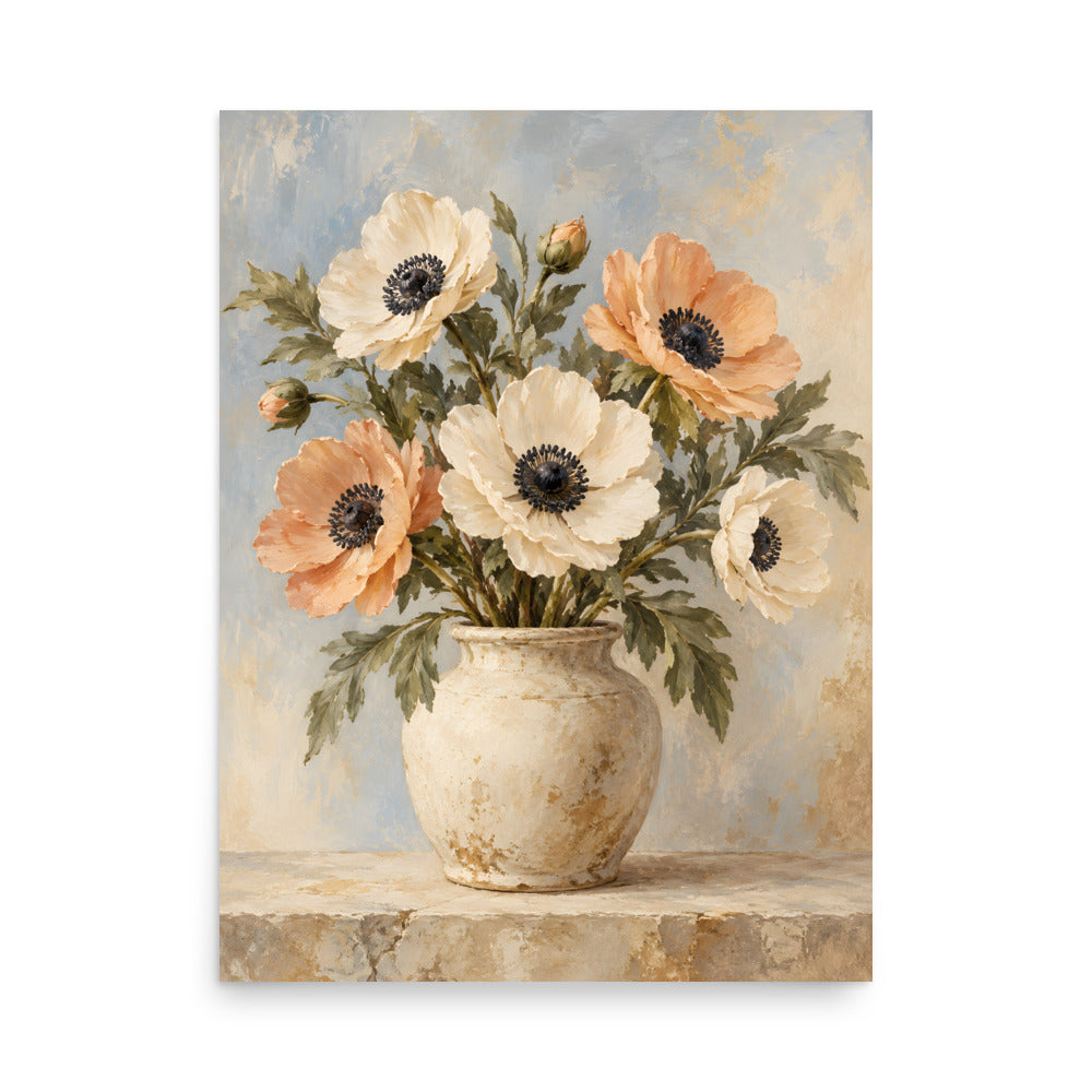 Sunlit Anemones matte poster, 18 × 24 inches, depicting ivory and apricot anemones in a rustic cream vessel.