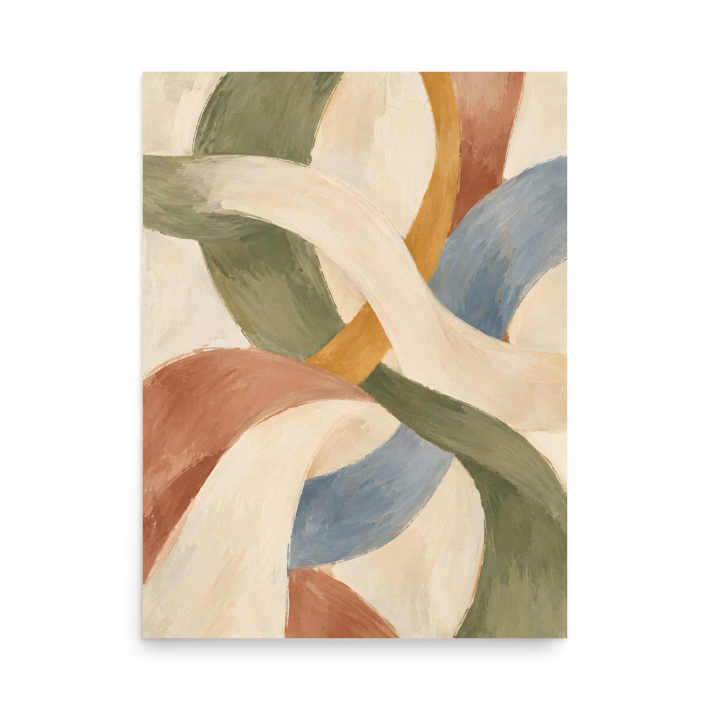 Woven Stillness matte poster, 18 × 24 inches, depicting interwoven curves in olive, clay, dusty blue and ivory.