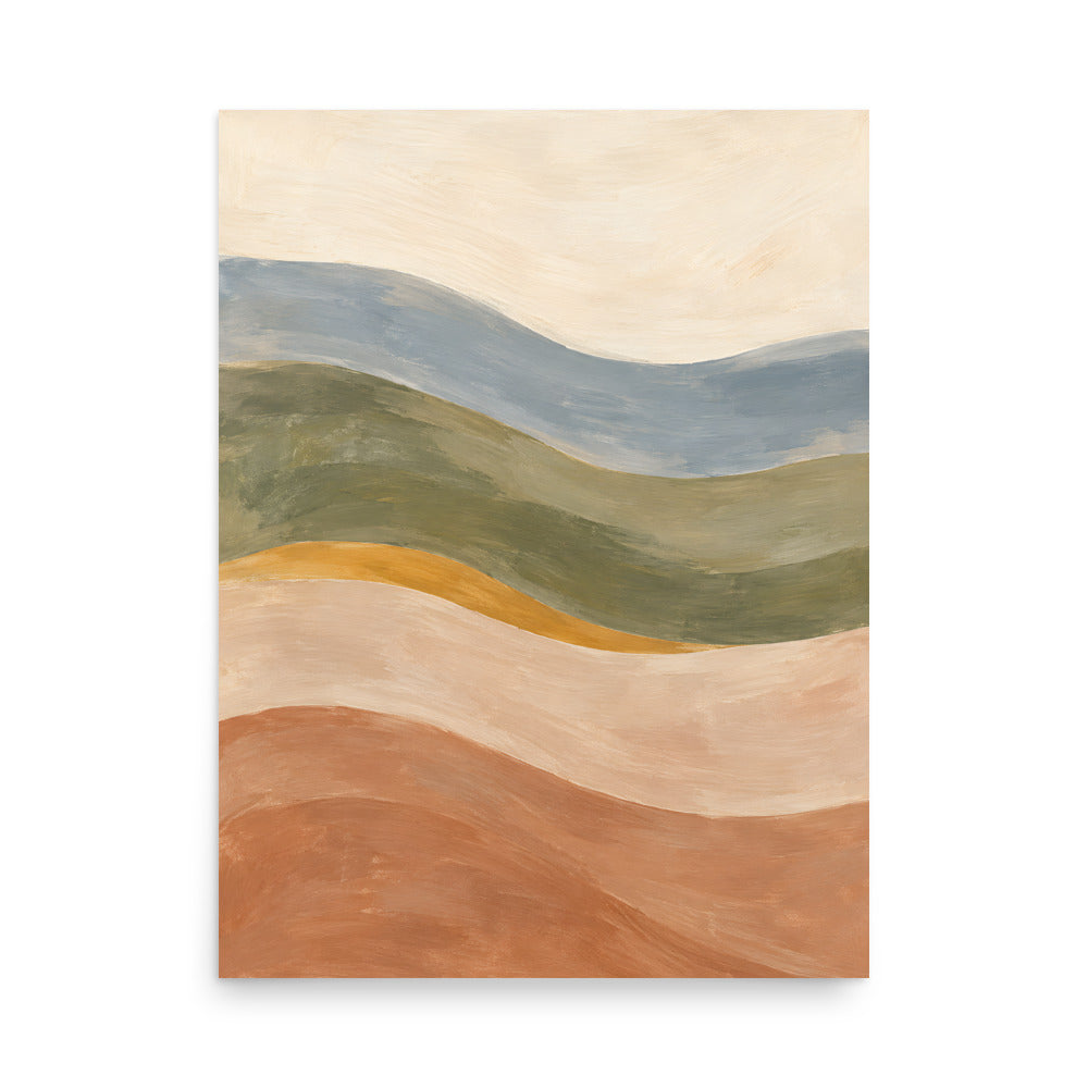 Soft Tides matte poster, 18 × 24 inches, depicting layered abstract waves in dusty blue, olive and warm clay.