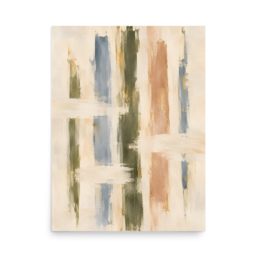 Quiet Intervals matte poster, 18 × 24 inches, depicting textured vertical strokes in olive, dusty blue, clay and ivory.